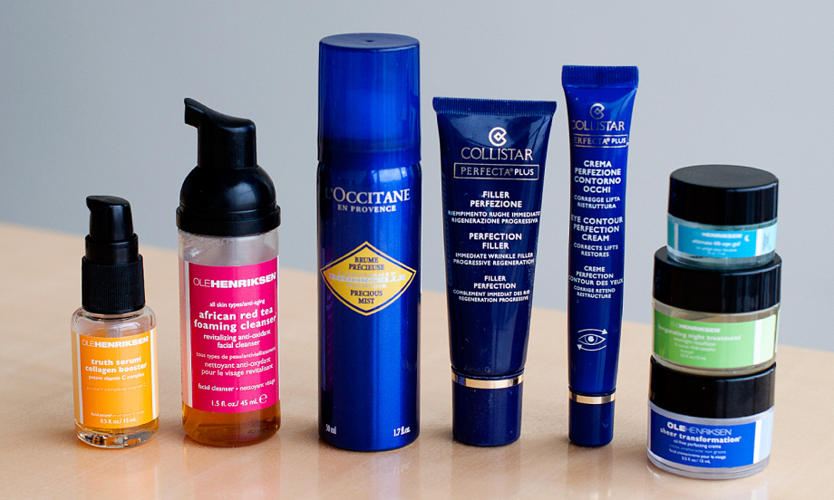 Слева направо: сыворотка и очищающая пена OLE HENRIKSE; вуаль для лица L’Occitane; экспресс-средство Perfection Filler, Collistar; крем для век Collistar; крем для век OLEHENRIKSEN; ночной крем OLEHENRIKSEN; крем SheerTransformation, OLEHENRIKSEN.