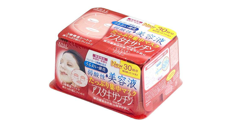 Лифтинг-маска с астаксантином, KOSE. Обладает выраженным лифтинг-эффектом: укрепляет контуры лица и подтягивает кожу. Производитель рекомендует курс из 10-12 процедур. Amazon.com, $21