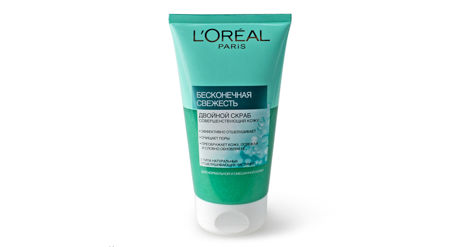 Двойной скраб «Бесконечная свежесть» L’Oréal Paris с гелевой текстурой содержит лимонную и салициловую кислоты, а также глицерин для увлажнения, www.loreal-paris.ua, цену уточняйте