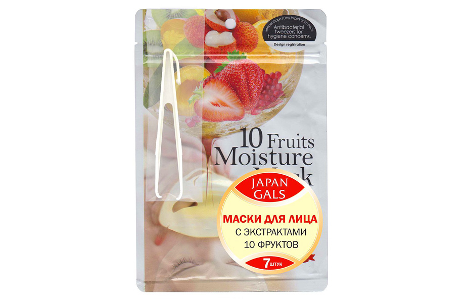Маска с экстрактами 10 фруктов, Japan Gals. Снимает воспаление и успокаивает, помогает очистить кожу от высыпаний и глубоко увлажняет. Makeup.com.ua, 285 грн за 7 шт.