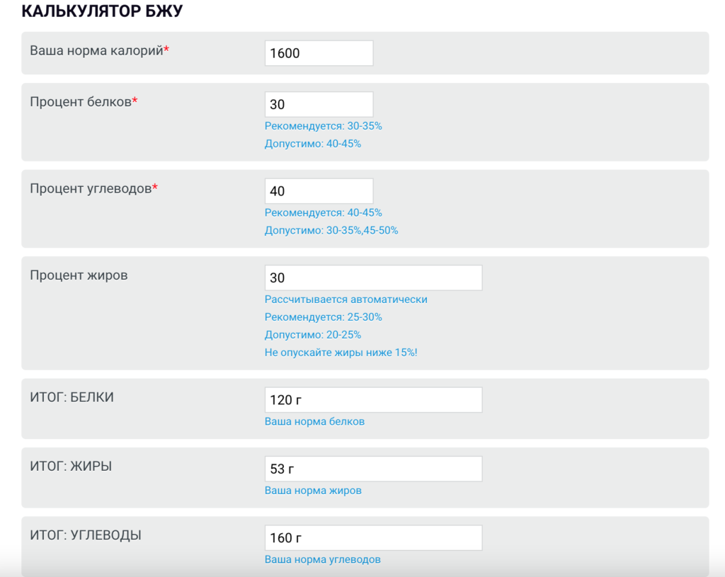 онлайновые калькуляторы БЖУ